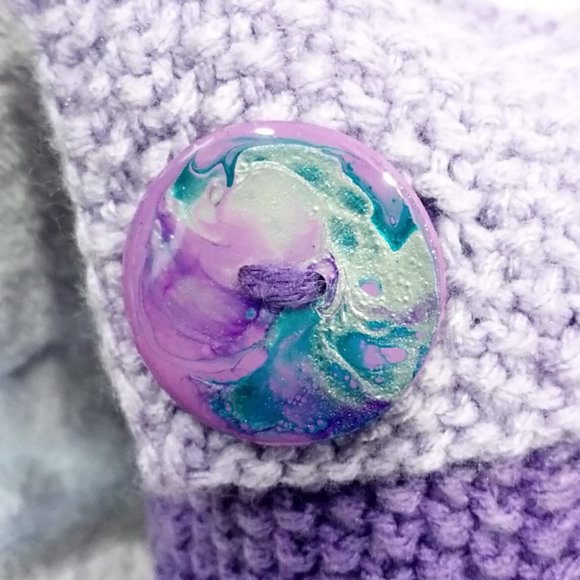 Hand Crafted Knit Throw Pillow Purple Cable Hand Painted Resin Buttons D… - Picture 6 of 12